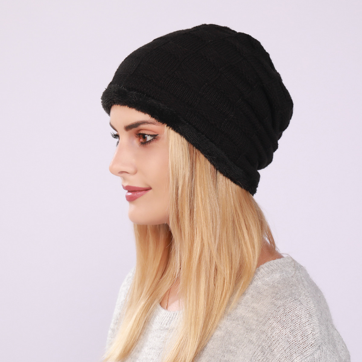 Plissee-Plüsch-Männer-Damen-Pullover-Mützen, gestrickte karierte postpartale Ohrenschützer für Herbst und Winter, warm_voghion.com