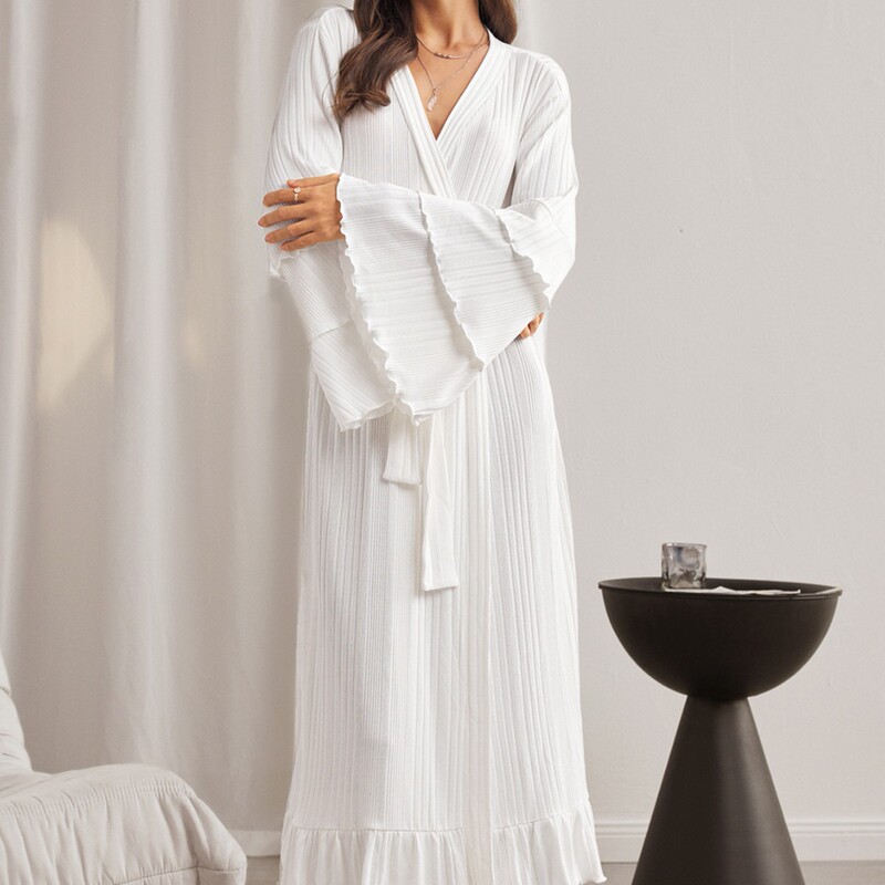 Textured vertical stripe robe, double-layered ruffle bell-sleeve waist-tied nightgown, high-end bell-sleeve nightgown Textured vertical stripe robe, double-layered ruffle bell-sleeve waist-tied nightgown, high-end bell-sleeve nightgown