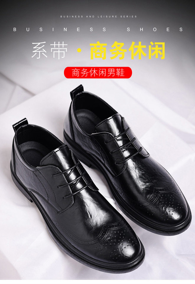 Giày da nam derby brouge mũi tròn thêu chỉ, đế thấp, tăng chiều cao, dây buộc — BK-3 màu đen chi tiết 5