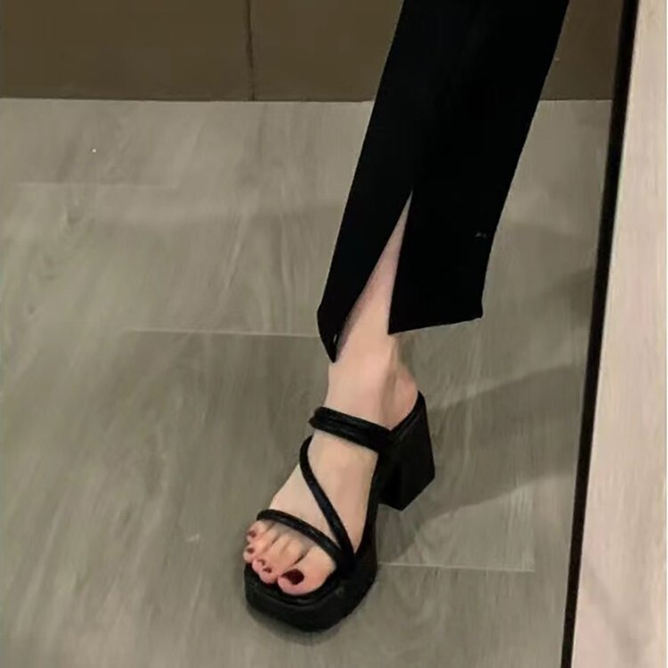 Beautiful French High-heeled Sandals for Women Two-wear 2025 Summer New Fashionable All-match Women's Thick-heeled Outer-wear Slippers