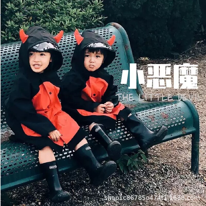 Little Devil Children's Raincoat Boys and Girls with School Bag Kindergarten Primary School Boy Baby Monster Parent-Child Rain Poncho