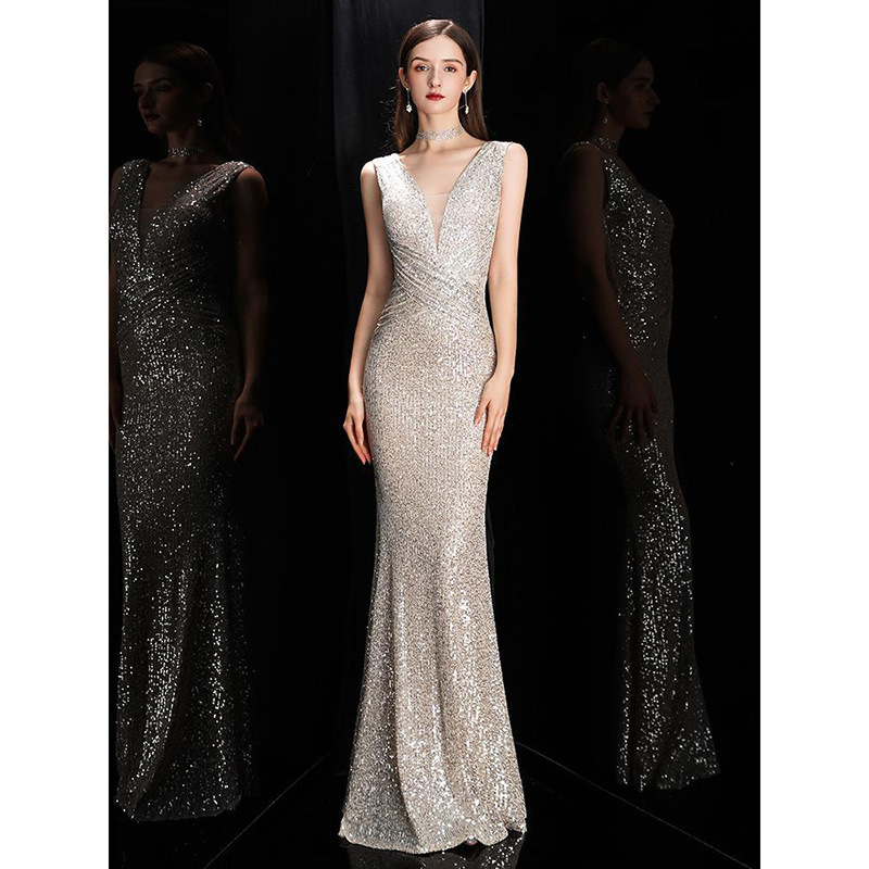 Banquet Evening Dress Long Dress 2026 New Champagne Color Elegant Socialite Fishtail Sexy Long Sequin Host Dress