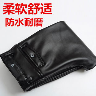 Autumn and winter elastic waist leather pants men's fleece-lined thickened middle-aged high waist warm men's waterproof and oil-proof leather pants