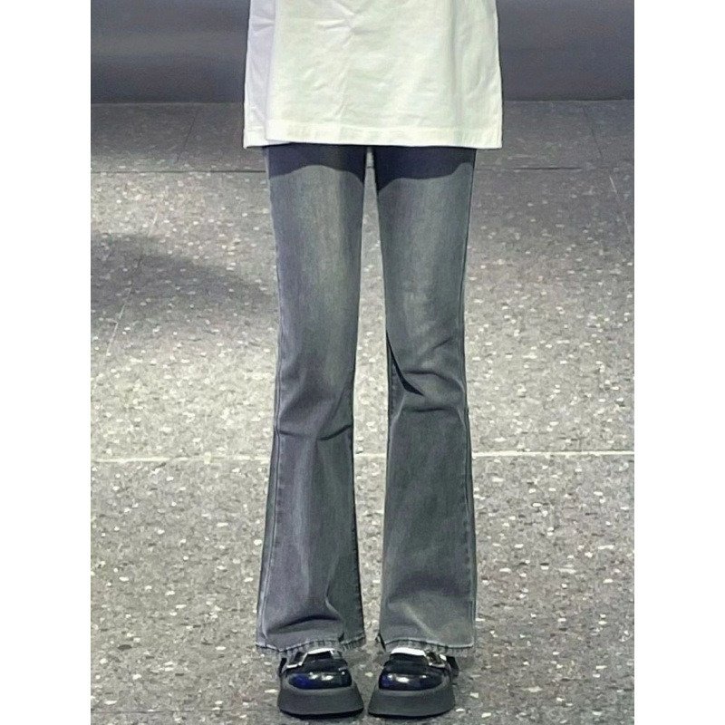 梨型身材微喇叭裤女大码胖小个子高腰显瘦阔腿烟灰色牛仔喇叭裤