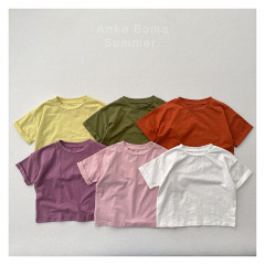 基礎款百搭~夏季韓范兒童純色挽袖上衣男女寶寶日系竹節棉短袖T恤