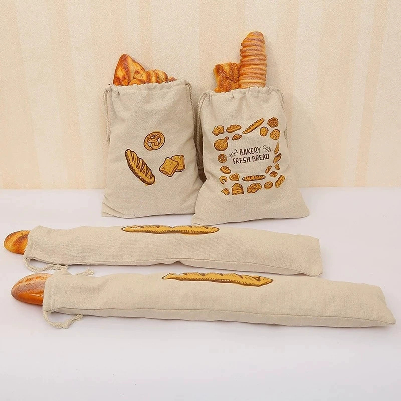 Cross-border hot sale bread bag reusable French baguette drawstring bag canvas cotton drawstring bread bag