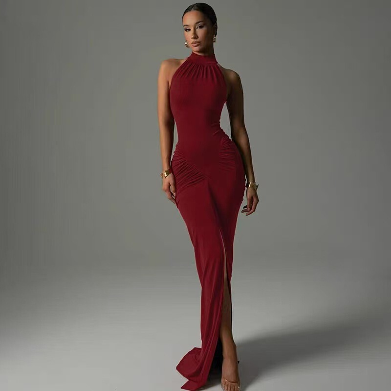 European and American Export Women's New High-Neck Slim Elegant Elegant Pleated Dress Party Dress Date