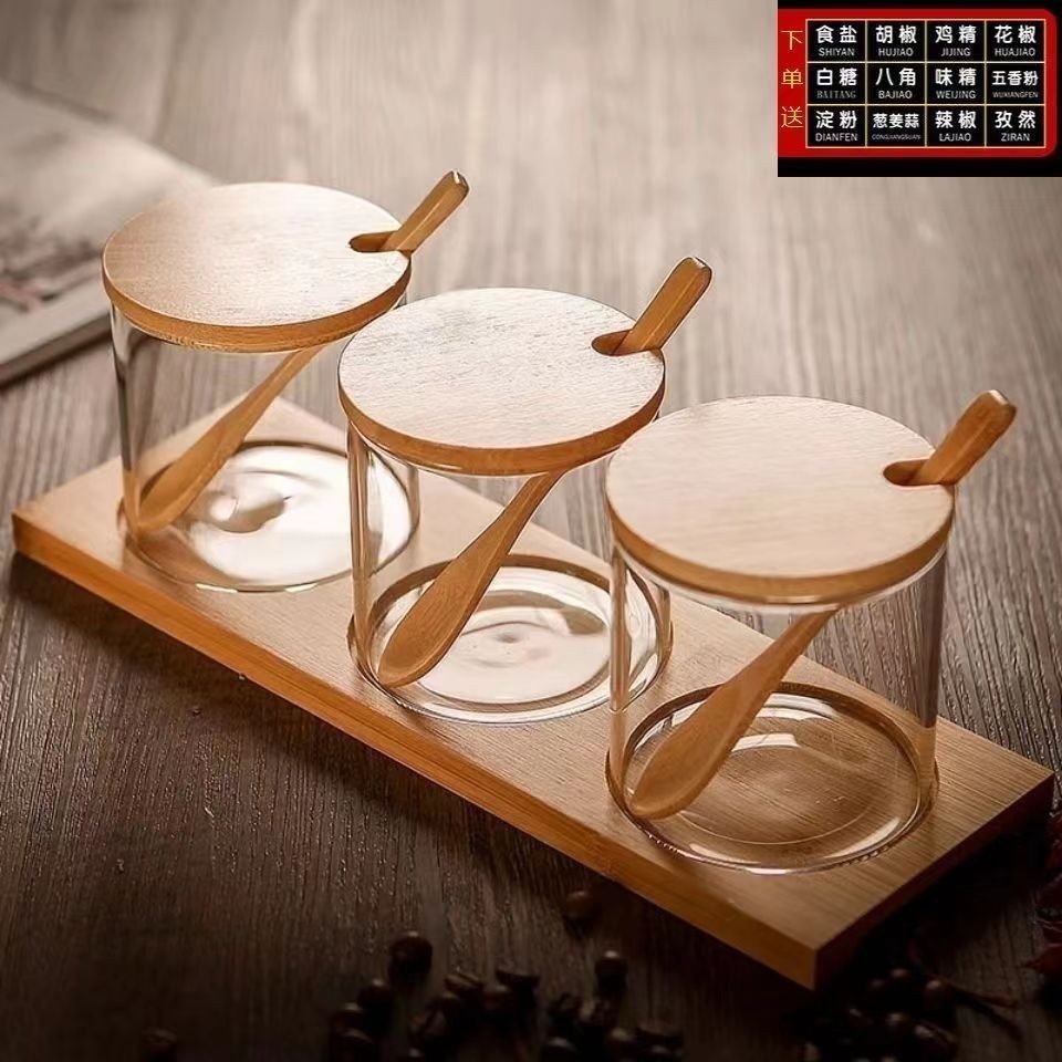 alta borosilicona vidrio condimento lata cubierta de madera de bambú con cuchara condimento lata cocina doméstica almacenamiento condimento lata spot