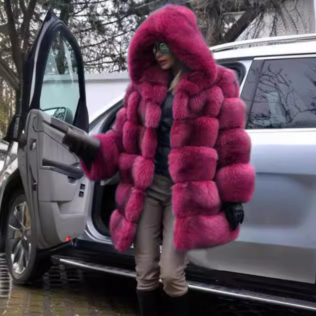 New Foreign Trade Imitation Fur Coat Hooded Imitation Fox Fur Long Sleeve Hooded Fur Coat Women's Coat