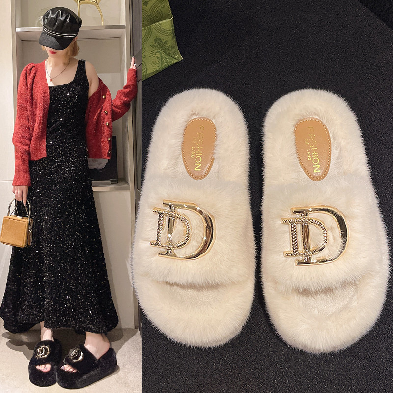 厚底毛毛拖鞋D字扣一字毛拖鞋女2025秋冬新款时尚大码外贸棉拖鞋|undefined