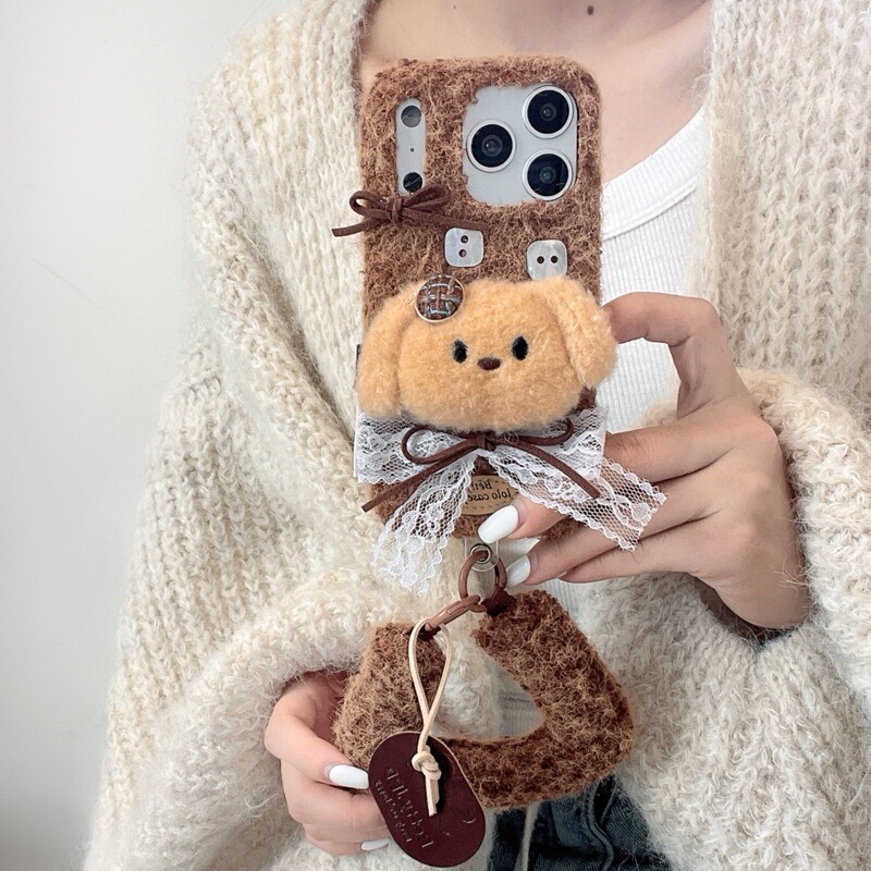 Brown Plush Lace Bow Stereo Head + Wrist Strap Suitable for New 17 Series Ins Style Mobile Phone Protection