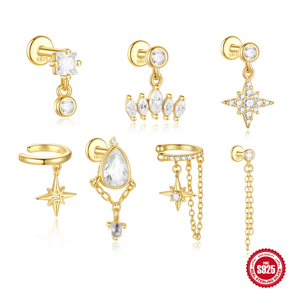 Tendencia de moda S925 plata de ley todos los días con flecos cuadrados, ocho estrellas con incrustaciones de diamantes, pendientes de todo fósforo