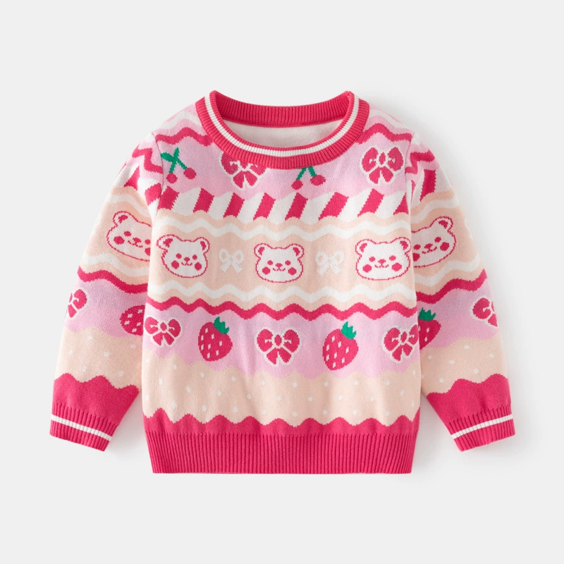 Фуксия свитер, осень детский knitted клубника, корейский стиль, детская одежда, с маленькими медведями