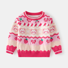 Korean style children's clothing girls pink sweater 2024 autumn new baby strawberry bear jacquard hooded knitwear base shirt 