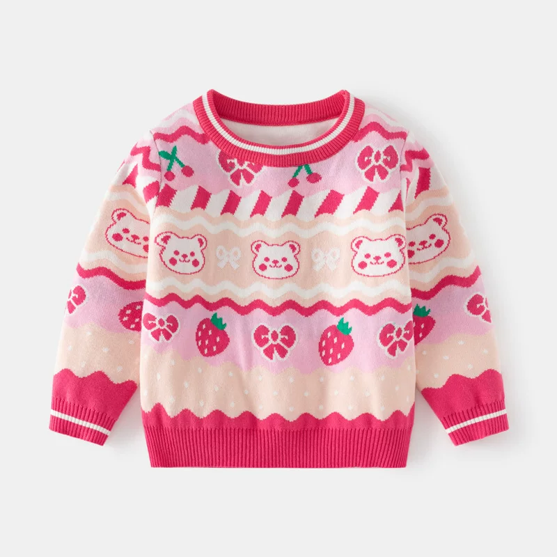 Фуксия свитер, осень детский knitted клубника, корейский стиль, детская одежда, с маленькими медведями