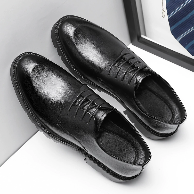 Черные кожаные туфли с большой головой Мужская повседневная британская свадебная обувь жениха мягкая подошва бизнес прилив туфли с толстой подошной круглой головкой кожаные туфли