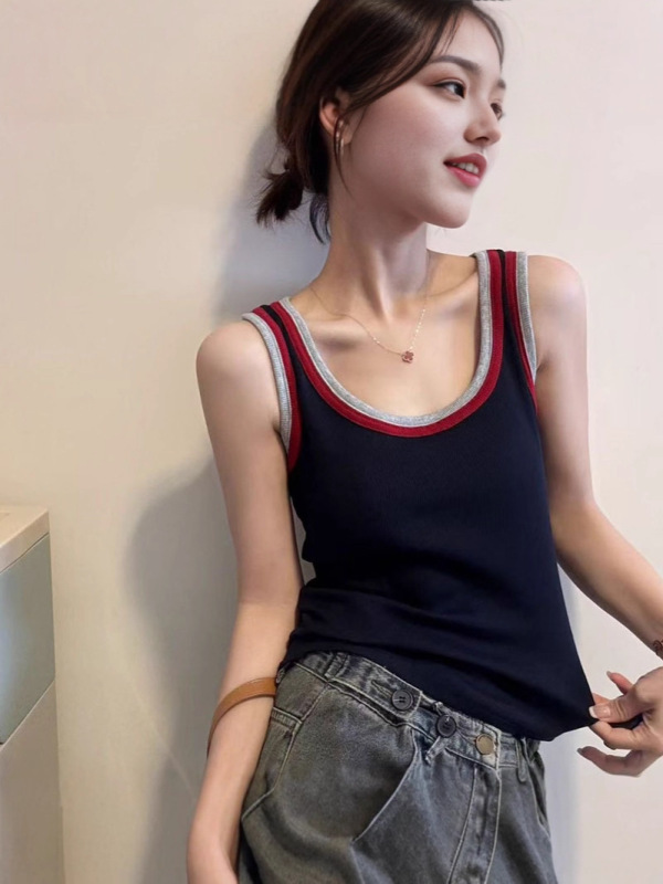 厂家直销】夏季新款撞色拼接吊带背心女韩版时尚修身百搭外穿上衣|undefined