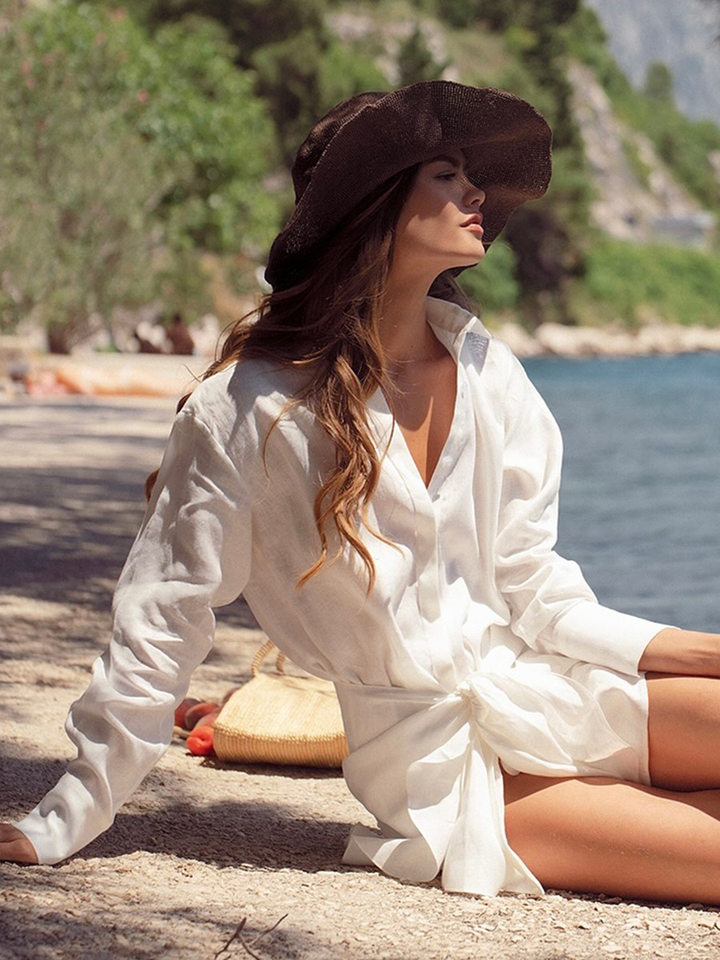 Đầm sơ mi nữ dáng suông cổ bẻ tay dài thắt eo phong cách thường ngày — Màu hồng, Màu trắng, Màu xanh dương, màu vàng chi tiết 27
