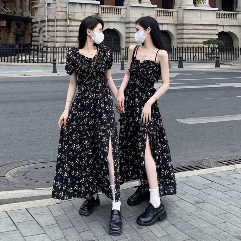 Hepburn-Style Black Floral Dress for Women, 2026 Summer New Model, Seaside Vacation Tea Break French Slim-Fit Long Dress