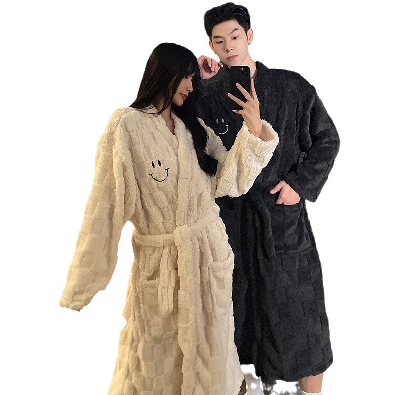 산호 양털 나이트 가운 여성의 가을과 겨울 긴 목욕 가운 남자의 새로운 두꺼운 플란넬 목욕 가운 홈 옷 커플 스타일
