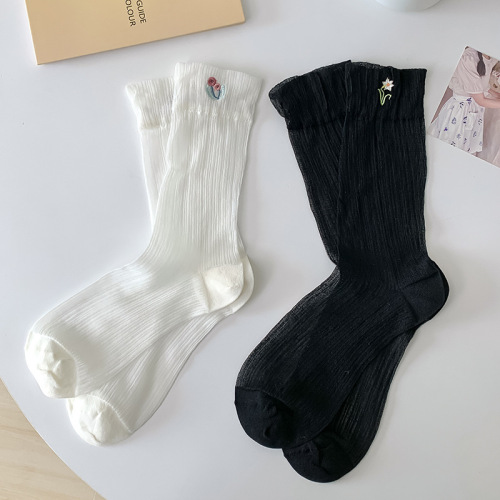 Solid color embroidered floral summer thin glass silk cassette women's college style mid-calf women's socks