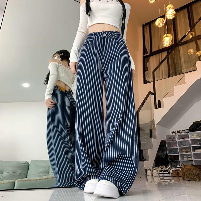 复古蓝色条纹阔腿牛仔裤女春秋宽松休闲显瘦直筒拖地长裤高街风|undefined