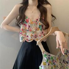 实拍夏季新版法式复古刺绣钩花碎花短袖背心吊带法式短款外穿上衣