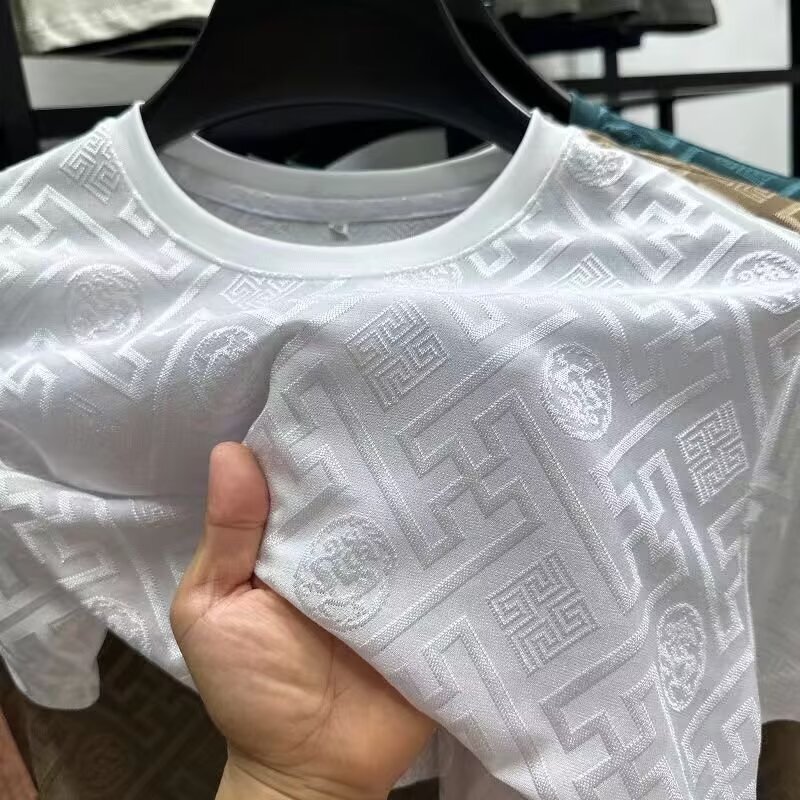2026 Men's Summer Short-Sleeved Printed Round-Neck Cool-Feel Men's Clothing New Ice Silk Top Base Shirt Foreign Trade T-Shirt
