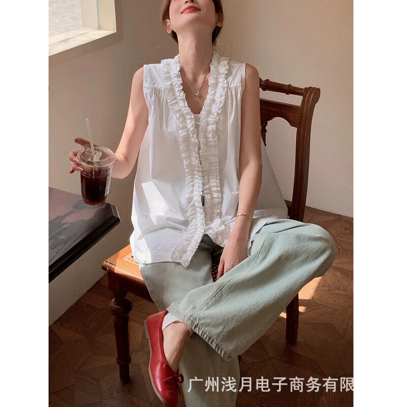 White Ruffled Sleeveless Tank Top Shirt for Women, Summer 2026 New Style, Loose Cotton French-Style High-End Blouse