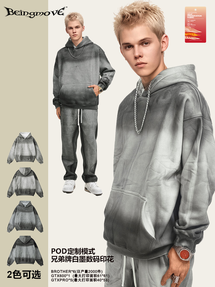 2025 otoño marca de moda americana peso pesado 345G gradiente con sombrero de vello para hombre hacer vieja camiseta con sombrero para hombre