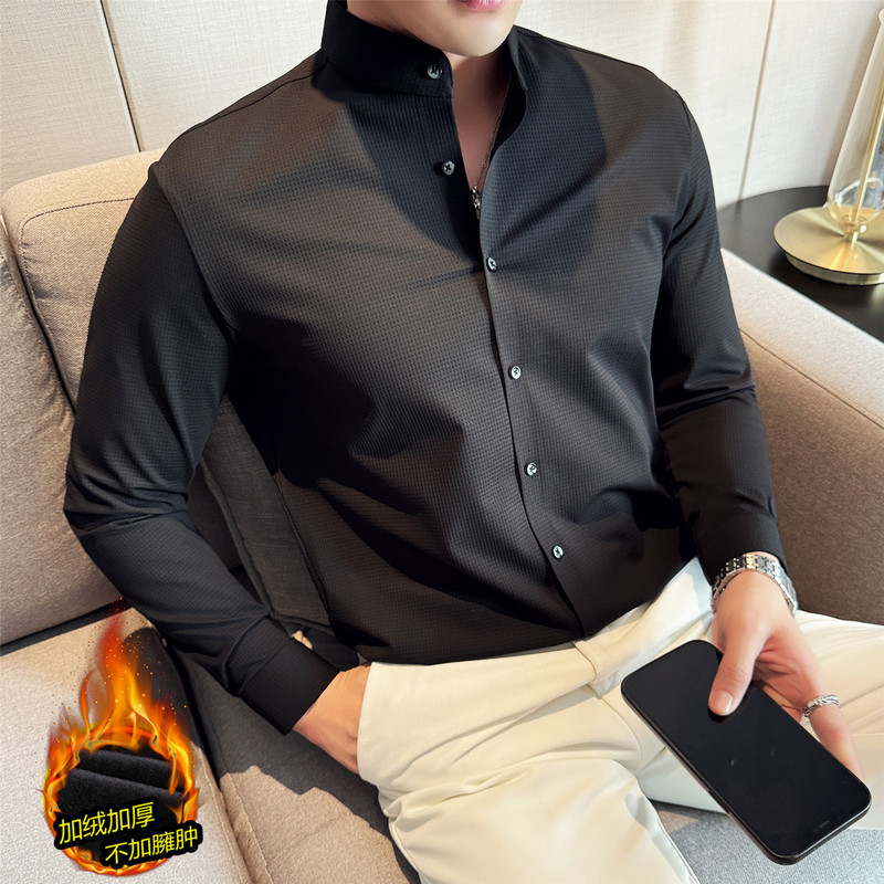 Tiktok Secret Text Delivery Autumn and Winter Fleece-Lined Warm Waffle Long-Sleeve Shirt with Stand Collar Men's Shirt No Ironing Needed Tiktok Secret Text Delivery Autumn and Winter Fleece-Lined Warm Waffle Long-Sleeve Shirt with Stand Collar Men's Shirt No Ironing Needed