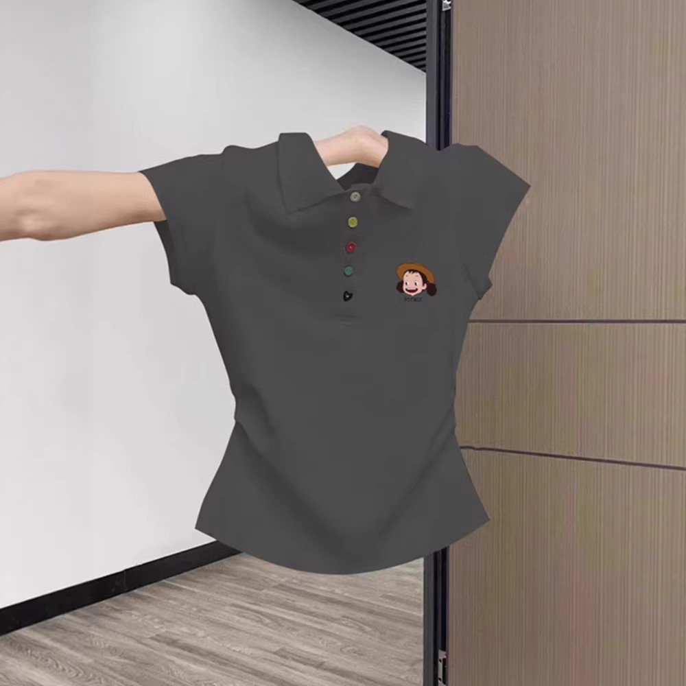 Áo thun polo nữ tay ngắn form ôm cổ bẻ — màu xám chi tiết 2