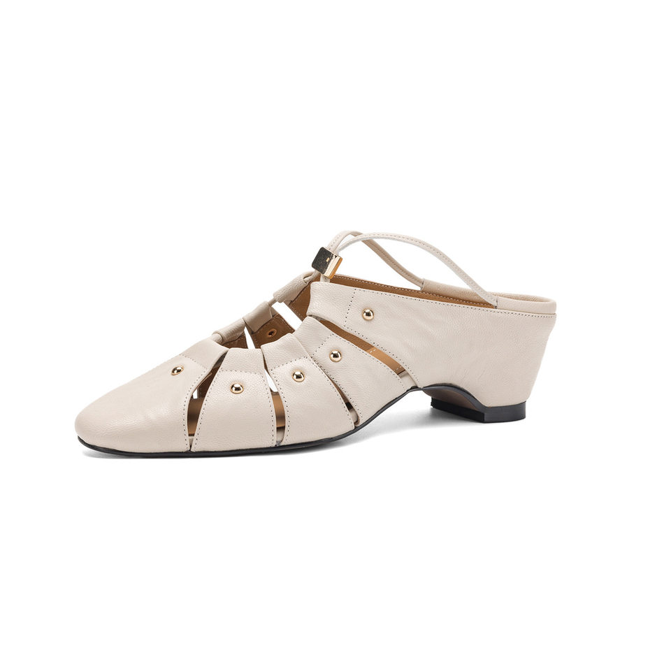 Sandal cao gót nữ mũi nhọn hở mũi, gót 5.5 cm, phong cách vintage đinh tán rỗng — Xám xanh