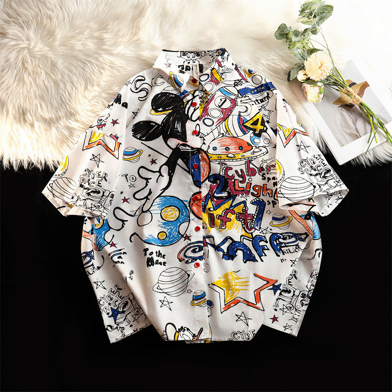 plus size Graffiti Mickey Flower Shirt Women's Short-sleeved 2024 Xia Gang Style Loose BF Handsome Girl's Polo Shirt for Students