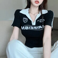 2024夏装新款美式复古短袖polo领ins拼接美式复古t恤夏季短款上衣