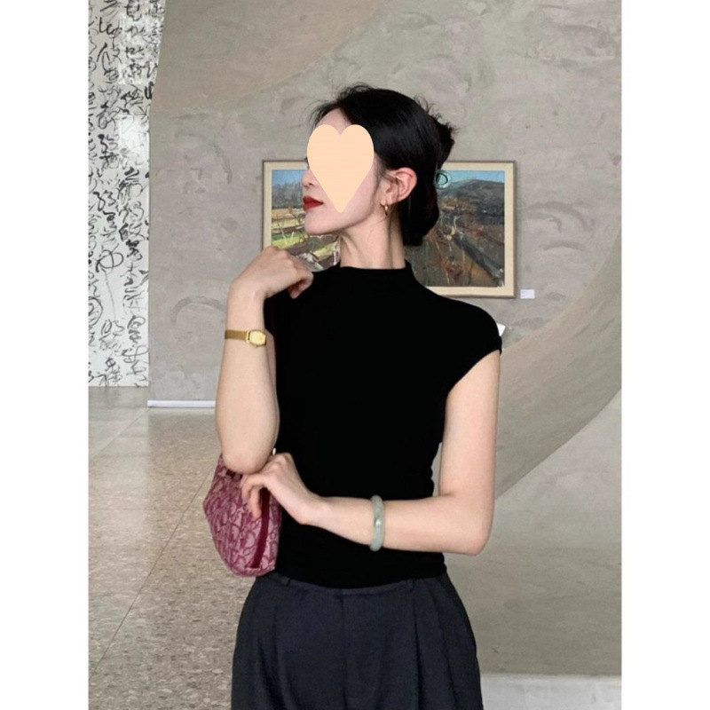 薄款半高领修身短袖女恤夏季纯色百搭半袖气质黑色紧身显瘦上衣|undefined