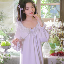 法式纯欲蕾丝长袖纯棉睡衣长裙仙柔紫少女感公主风家居服甜美舒适