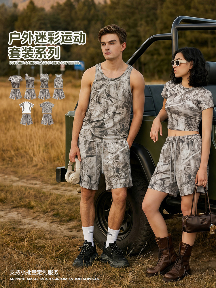 Marca de moda de hombre de verano Europa y América al aire libre camuflaje de mangas cortas chaleco de camiseta delgada cabina pantalones cortos pareja set hombre y mujer image 1