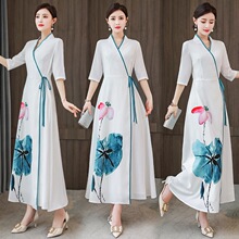 2026春季新款中式偏襟长裙系带修身妈妈装五分袖中国风改良连衣裙