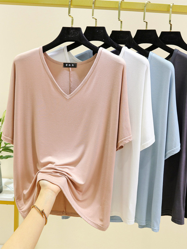 Loose V-neck Short-sleeved T-shirt Women's Summer Modal Large Size Top Simple Solid Color Chubby Girl Inner Base Shirt Thin