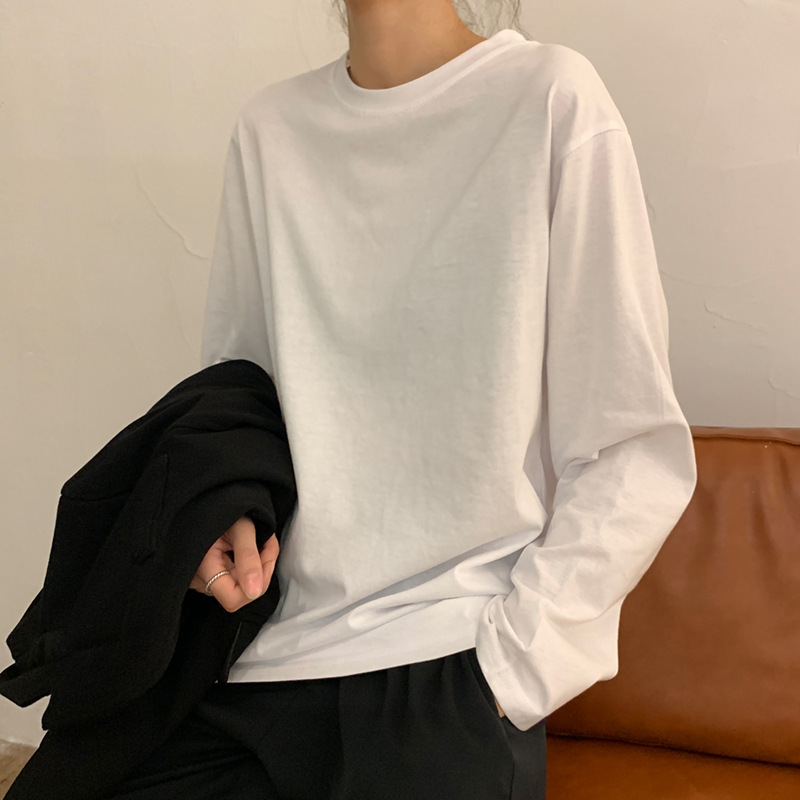 동남아시아 흑백 긴팔 티셔츠 여성용 2022 한국식 루즈한 솔리드 컬러 프린트 라이트 패널 티셔츠 내부 탑