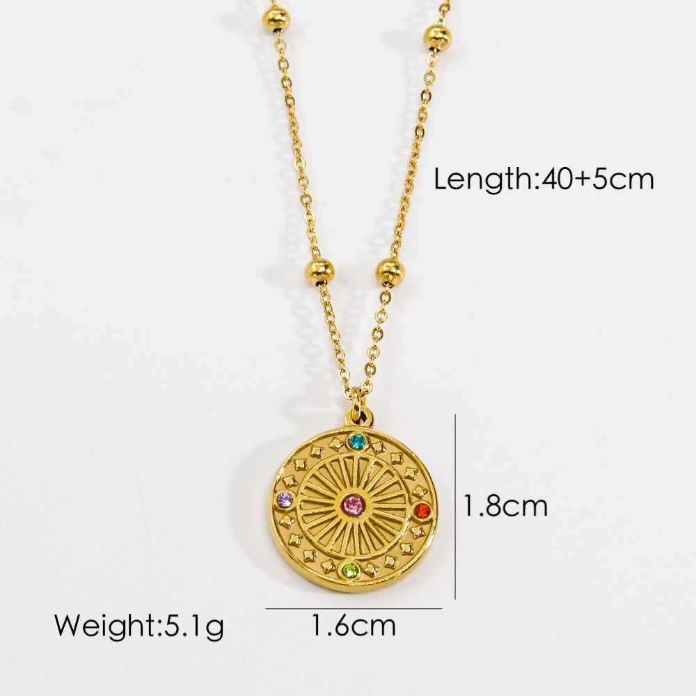 Sun, Square, Oval Pattern Women'S Gender PVD Coated 14K Gold Real Gold Plated Sun Square Oval 304 Stainless Steel Retro Waterproof Non Tarnish 304 Stainless Steel Pendant Necklace