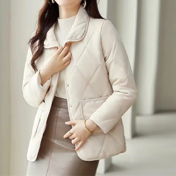 女士翻领棉服短款2025菱形格薄款夹棉秋冬外套棉衣其|undefined