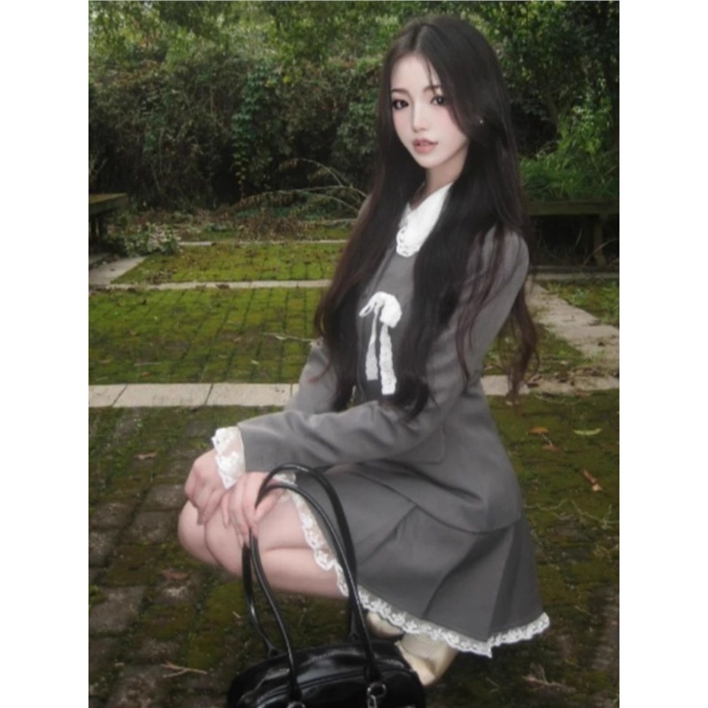 早法式学院风一整套穿搭女蕾丝拼接西服外穿外套高腰半身裙两件套|undefined