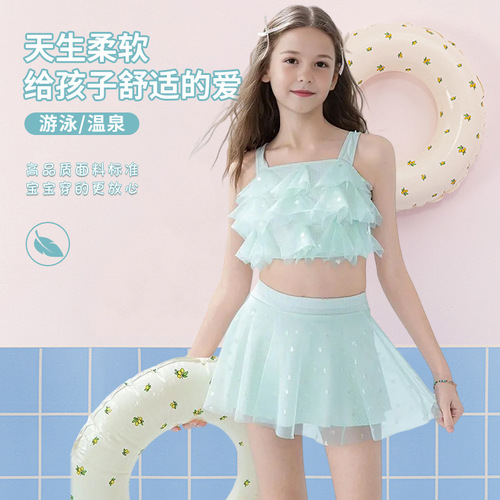 Girls' and Children's Summer Swimsuit Princess Dress Style Hot Spring Swimwear Middle and Older Children's Swimming Suit Sports Two-Piece Set