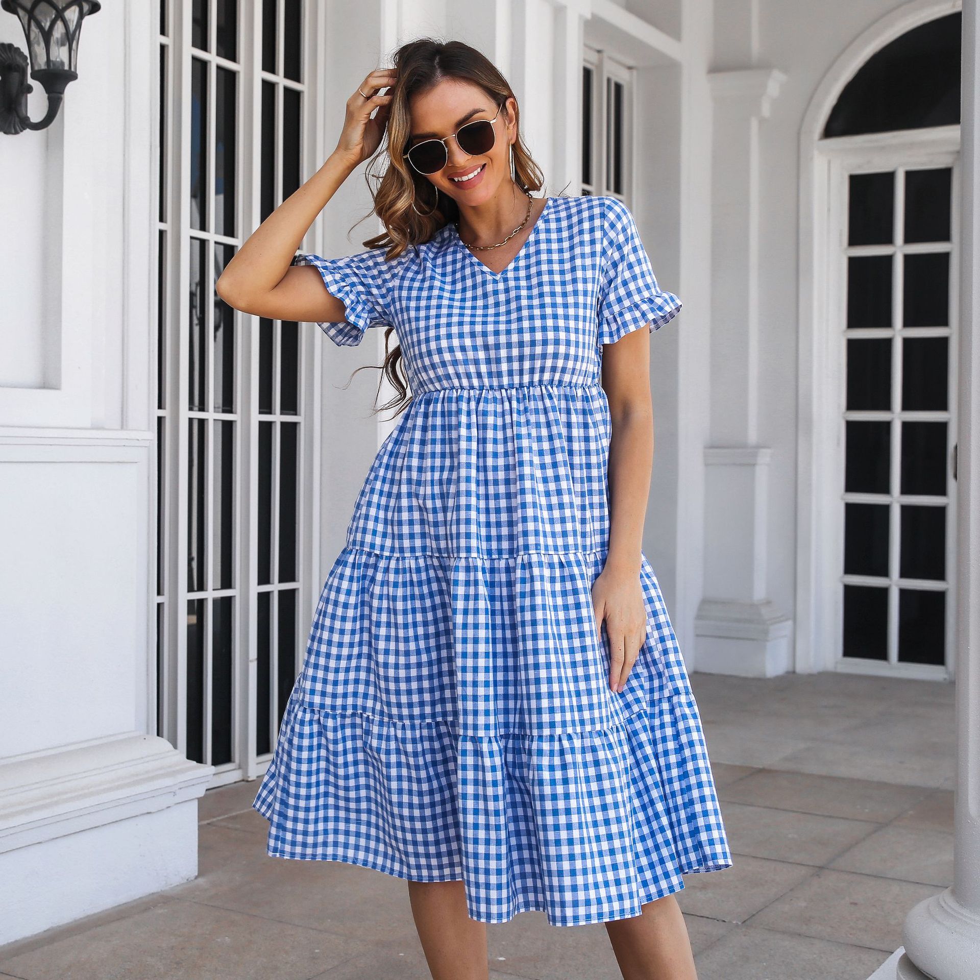 Flounce Sleeve Sleeve Type Cotton Blend, Polyester Fabric Type Wholesale Women'S Casual Plaid Daily V Neck Short Sleeve Swing Dress