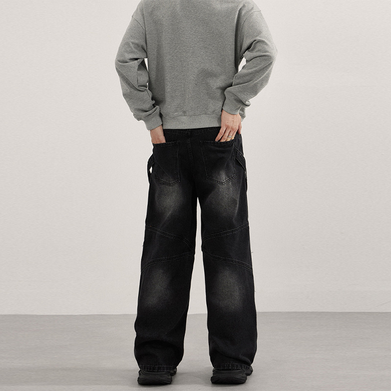 LKTM Herren-Arbeitshose aus robustem Denim, amerikanische Streetwear-Motorradjeans mit Kniepolstern, lockerer, gerader Schnitt, mittelhoher Bund, Baumwolle_voghion.com