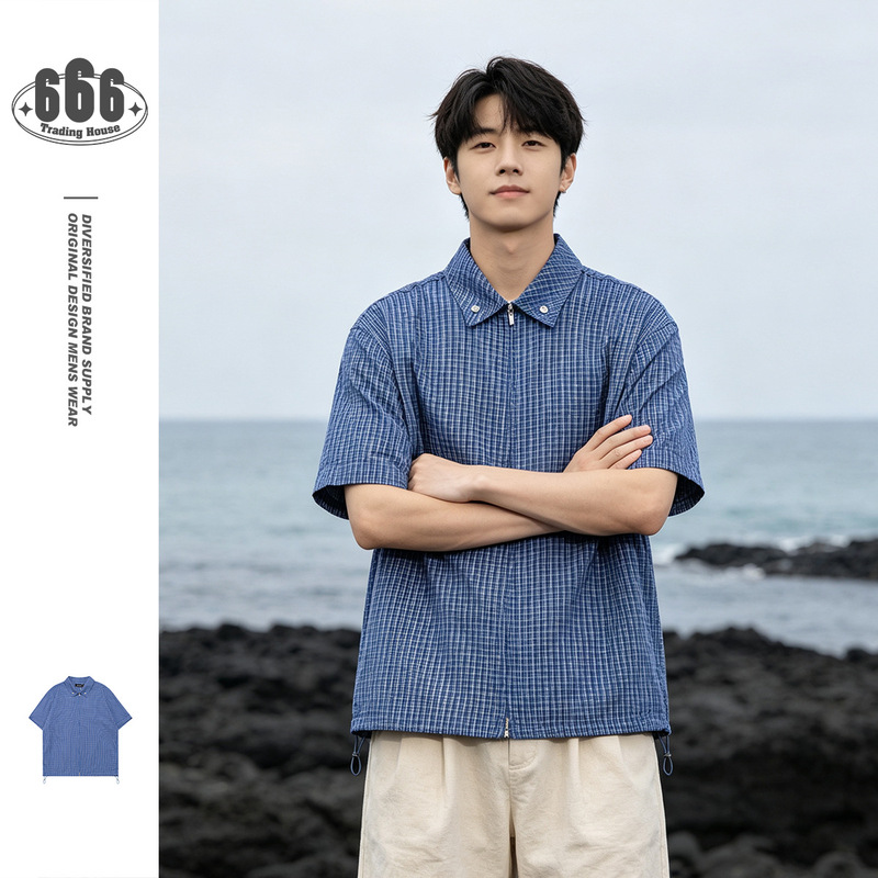 1Center Niche Design Hong Kong Style Trendy Brand Zipper Short-Sleeve Plaid Shirt Men's Loose Plaid Shirt Ct010 1Center Niche Design Hong Kong Style Trendy Brand Zipper Short-Sleeve Plaid Shirt Men's Loose Plaid Shirt Ct010