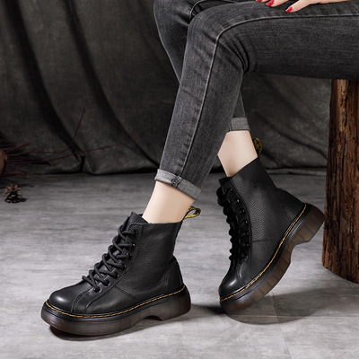 旅途 英伦风马丁靴女秋冬头层牛皮短靴2021年新款厚底女靴子软皮