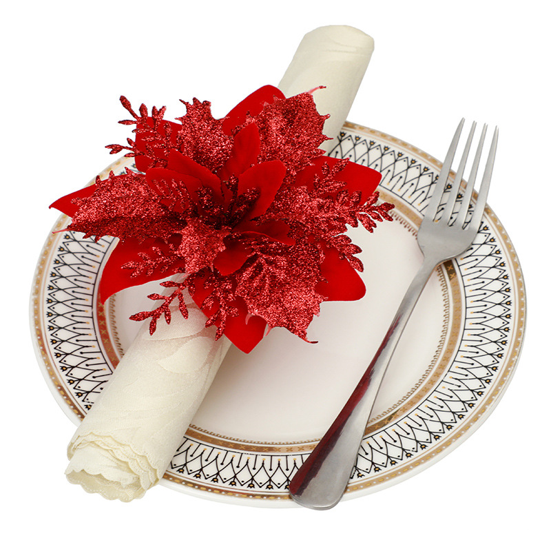 Anillo de servilleta de mesa de Navidad hecho a mano cuerda de cáñamo anillo servilleta hebilla Amazon nuevo Anillo de servilleta de flor roja de Navidad